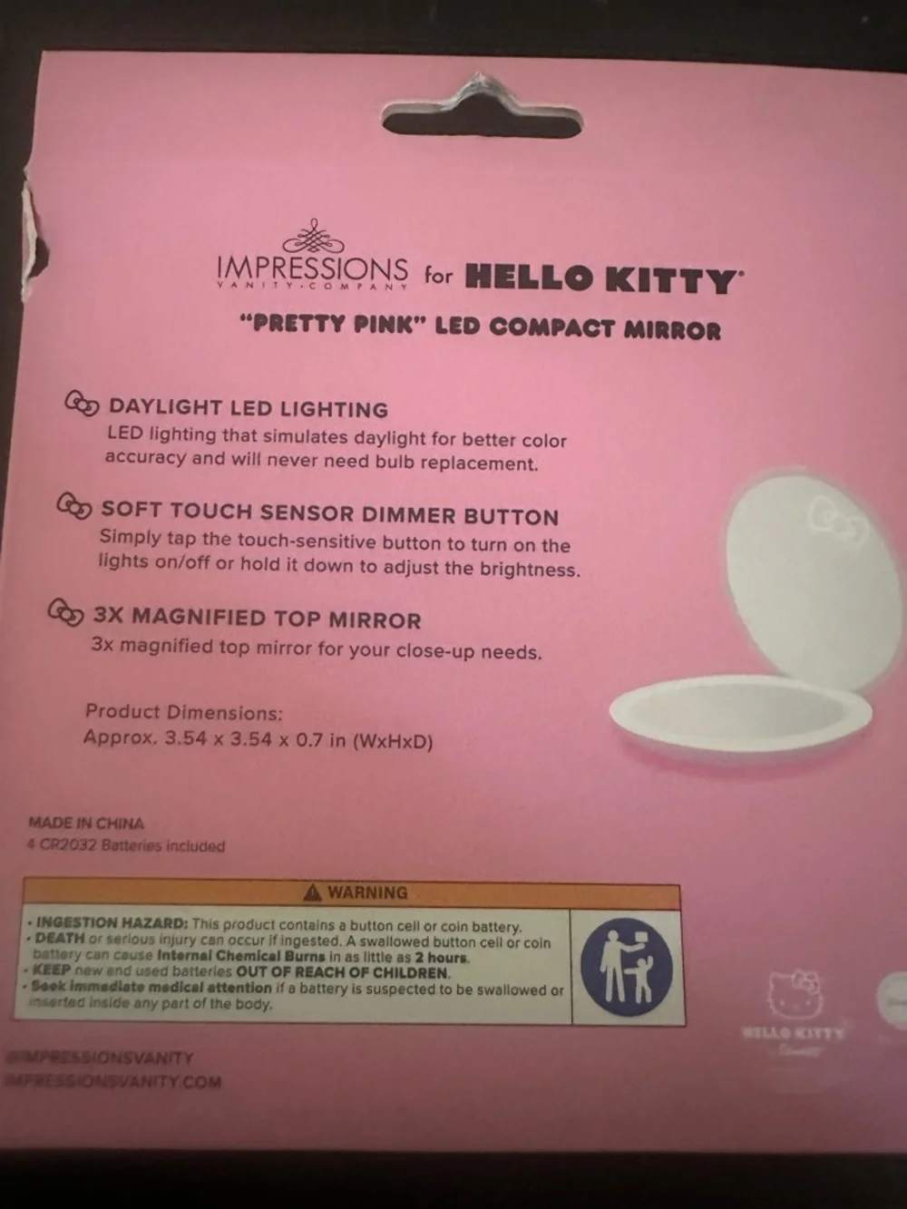 Impressions Vanity Hello Kitty Pretty Pink LED Compact Mirror - 3X Magnification - Picture 7 of 8